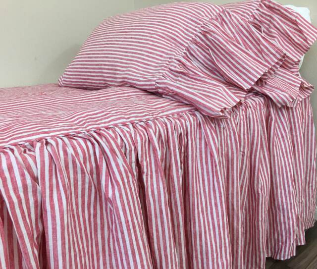Red & White Striped Bedspread, Linen Bed Cover, Farmhouse Style, Mermaid Long Ruffle Pillow Cases - image 1
