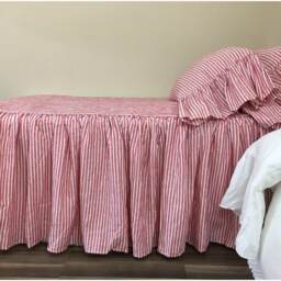 Red & White Striped Bedspread, Linen Bed Cover, Farmhouse Style, Mermaid Long Ruffle Pillow Cases - thumbnail 2