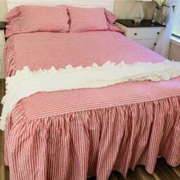 Red & White Striped Bedspread, Linen Bed Cover, Farmhouse Style, Mermaid Long Ruffle Pillow Cases - thumbnail 3