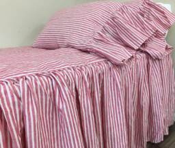 Red & White Striped Bedspread, Linen Bed Cover, Farmhouse Style, Mermaid Long Ruffle Pillow Cases - thumbnail 1
