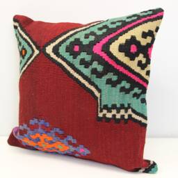 Handmade Kilim Pillow Cover 20x20, Vintage Turkish Wool Cushion - thumbnail 3