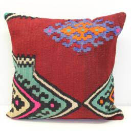 Handmade Kilim Pillow Cover 20x20, Vintage Turkish Wool Cushion - thumbnail 2