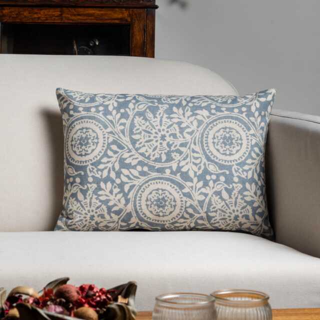Provence Boudoir Cushion in Soft Blue. Relaxed Interlocking Vines, Rosette Florals Subtle Grey-Blue. 17x12 - image 1
