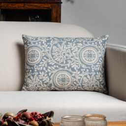 Provence Boudoir Cushion in Soft Blue. Relaxed Interlocking Vines, Rosette Florals Subtle Grey-Blue. 17x12 - thumbnail 1