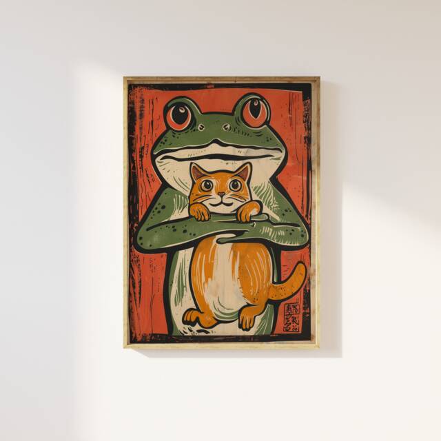 Funny Japanese Frog & Cat Woodblock Print Vintage Animal Poster - image 1
