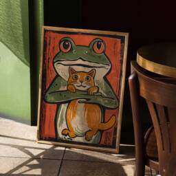 Funny Japanese Frog & Cat Woodblock Print Vintage Animal Poster - thumbnail 3