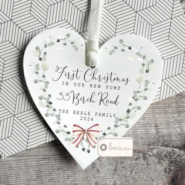 Personalised First 1st Christmas New Home Gift Address Housewarming House Greenery Heart Decoration Ornament Keepsake