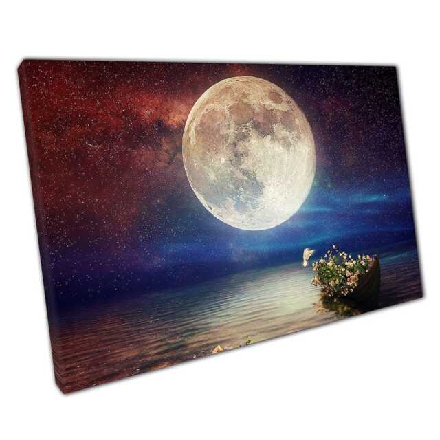Ethereal Moonlit Seascape Floral Boat Canvas Wall Art For Home & Office Decor - image 1
