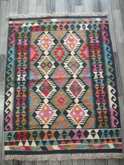 Kilim Rug Multicolour, Handmade Artisan Afghan Turkish Persian Rug, Navajo Moroccan Bohemian Flatweave, Natural Wool Dhurrie 132x108 cm - image 1