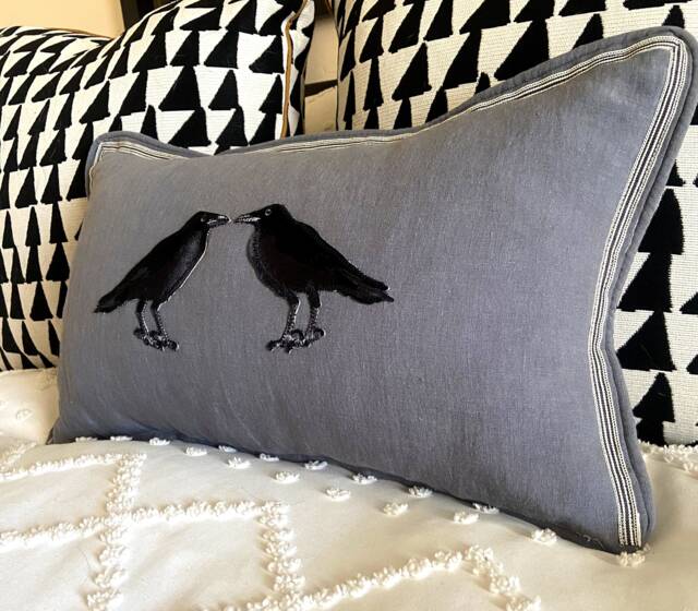Slate Blue Embroidered Crow Raven Bird Linen Pillow - image 1