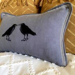 Slate Blue Embroidered Crow Raven Bird Linen Pillow - thumbnail 4