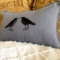 Slate Blue Embroidered Crow Raven Bird Linen Pillow - thumbnail 3