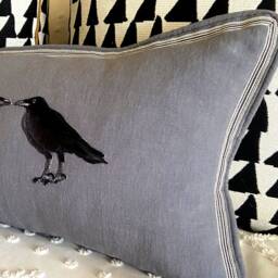 Slate Blue Embroidered Crow Raven Bird Linen Pillow - thumbnail 2