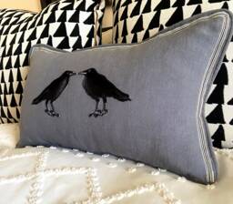 Slate Blue Embroidered Crow Raven Bird Linen Pillow - thumbnail 1