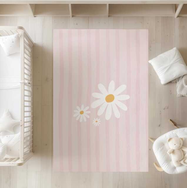 stripes Pink With Daisies - Rug, Carpet, Kids Decor, Children's Room Decor, Kids Carpet - image 1