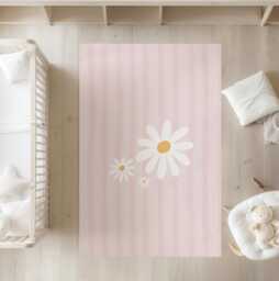 stripes Pink With Daisies - Rug, Carpet, Kids Decor, Children's Room Decor, Kids Carpet - thumbnail 1