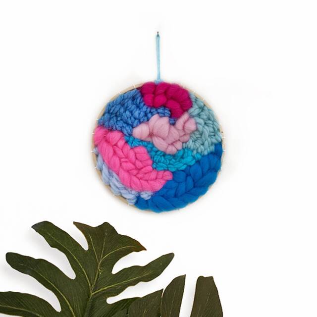 Mini Circular Woven Wall Hanging Pink & Blue Fiber Art - image 1