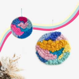 Mini Circular Woven Wall Hanging Pink & Blue Fiber Art - thumbnail 3