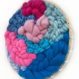 Mini Circular Woven Wall Hanging Pink & Blue Fiber Art - thumbnail 2