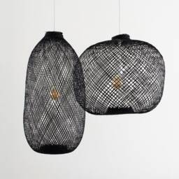 Black Bamboo Pendant Light - Woven Fish Trap Basket Hanging Wood Lampshade Shapeable Asian Lighting - thumbnail 2