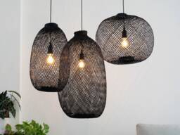 Black Bamboo Pendant Light - Woven Fish Trap Basket Hanging Wood Lampshade Shapeable Asian Lighting