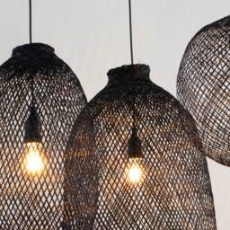 Black Bamboo Pendant Light - Woven Fish Trap Basket Hanging Wood Lampshade Shapeable Asian Lighting - thumbnail 3