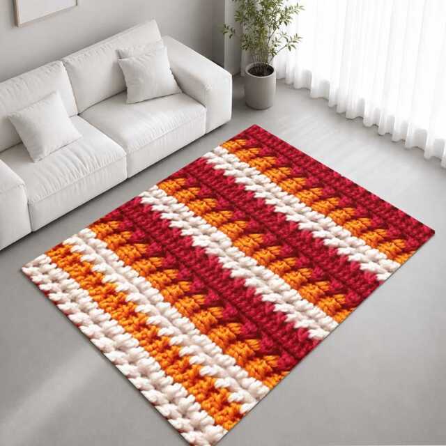 Red Orange White Crochet Stripe Texture Rug Non-Slip Soft Area Carpet Bedroom Living Room Hallway Mat Decor - Made in UK - image 1