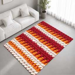 Red Orange White Crochet Stripe Texture Rug Non-Slip Soft Area Carpet Bedroom Living Room Hallway Mat Decor - Made in UK