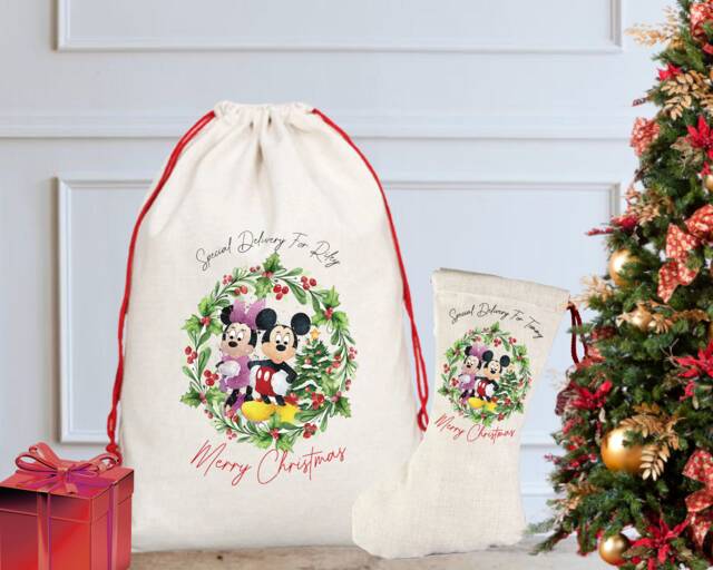 Personalised Mickey & Minnie Christmas Sack/stocking, Santa Sack, Eve, Eve Box, First Gift, Gift - image 1
