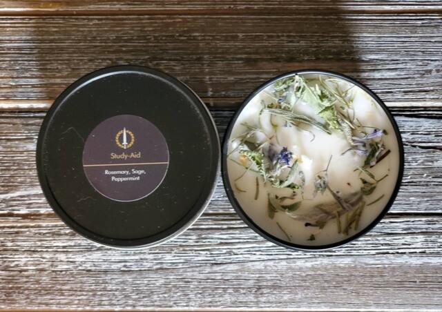 study-Aid, Soy Container Spell Candle 8 Oz, Organic, Rosemary, Peppermint, Sage, Jasmine Blossoms - image 1