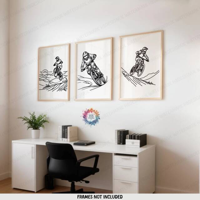 Minimalist Biking Print Set - 3 Posters - Biker Wall Art Line Drawing Decor Gift Cycling Artwork Boys Cyclist Bedroom Gifts - image 1
