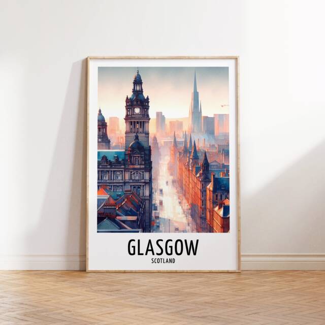Glasgow Travel Print - Watercolour Poster Design - Wall Artwork Scotland England UK Gifts Home Decor Art Gift Picture - image 1