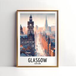 Glasgow Travel Print - Watercolour Poster Design - Wall Artwork Scotland England UK Gifts Home Decor Art Gift Picture - thumbnail 3