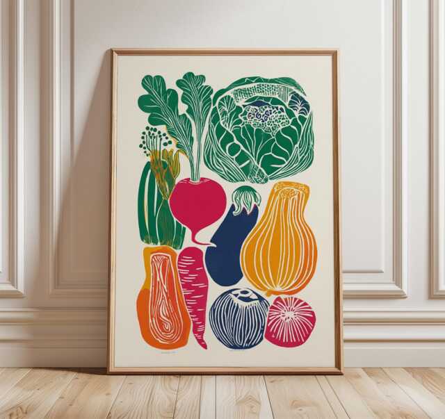Vegetable Kitchen Wall Art, Retro Farmers Market Print, Colourful Veggie Poster - image 1