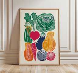 Vegetable Kitchen Wall Art, Retro Farmers Market Print, Colourful Veggie Poster - thumbnail 1