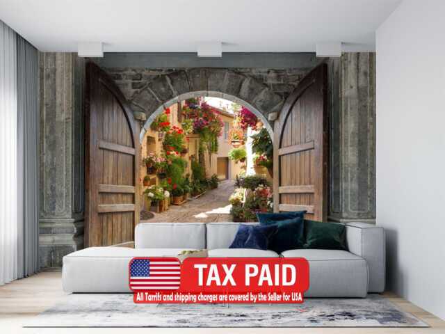 Spello Italy Alley Mural - Wooden Castle Door Roses Wallpaper - image 1