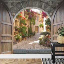 Spello Italy Alley Mural - Wooden Castle Door Roses Wallpaper - thumbnail 3