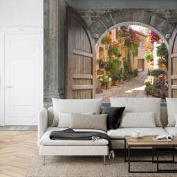 Spello Italy Alley Mural - Wooden Castle Door Roses Wallpaper - thumbnail 2