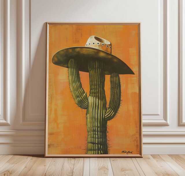 Cowboy Cactus Poster, Funny Western Wall Art Print, Bold Desert Decor With Hat, Quirky Southwestern Illustration, Unframed Print - image 1