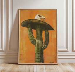 Cowboy Cactus Poster, Funny Western Wall Art Print, Bold Desert Decor With Hat, Quirky Southwestern Illustration, Unframed Print - thumbnail 1