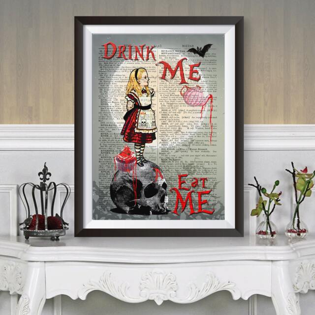 Gothic Alice in Wonderland Poster Print. Skull Anatomical Wall Decor Eat Me, Romantic Emo Hangings Dictionary Book Art, Moon & Bats - image 1