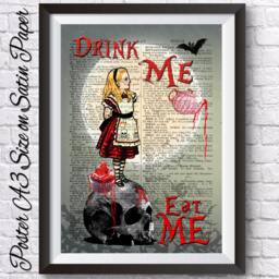 Gothic Alice in Wonderland Poster Print. Skull Anatomical Wall Decor Eat Me, Romantic Emo Hangings Dictionary Book Art, Moon & Bats - thumbnail 2