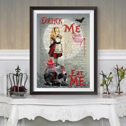 Gothic Alice in Wonderland Poster Print. Skull Anatomical Wall Decor Eat Me, Romantic Emo Hangings Dictionary Book Art, Moon & Bats