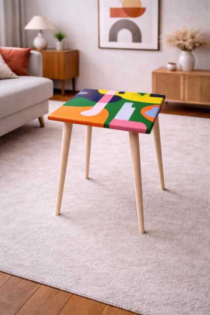 Epoxy Resin Coffee Table Purple Yellow Abstract Art With Wooden Legs - image 1