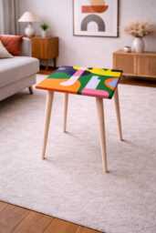 Epoxy Resin Coffee Table Purple Yellow Abstract Art With Wooden Legs