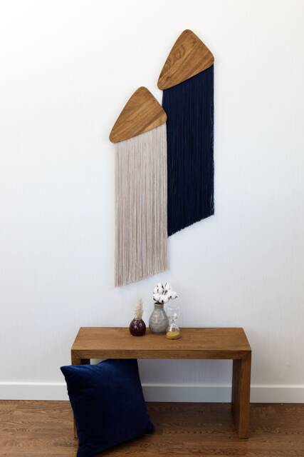 Duo Minimalist Yarn Wall Hanging Modern Beige & Navy Fiber Art With Solid Wood - image 1