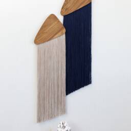 Duo Minimalist Yarn Wall Hanging Modern Beige & Navy Fiber Art With Solid Wood - thumbnail 2