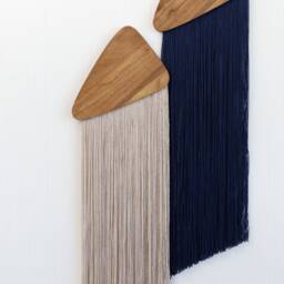 Duo Minimalist Yarn Wall Hanging Modern Beige & Navy Fiber Art With Solid Wood - thumbnail 3
