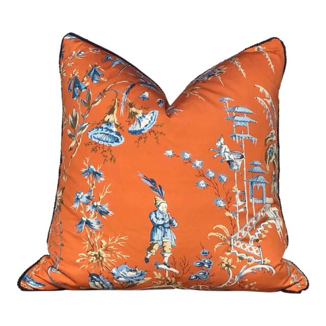 Scalamandre Nanjing Pillow - Mandarin. Chinoiserie Tangerine, Lumbar Orange Pillow, Designer Toile Cushion Cover - image 1