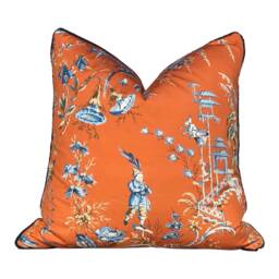 Scalamandre Nanjing Pillow - Mandarin. Chinoiserie Tangerine, Lumbar Orange Pillow, Designer Toile Cushion Cover